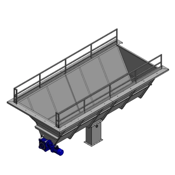 Screw tank for conveying product loaded from bins to downward discharge